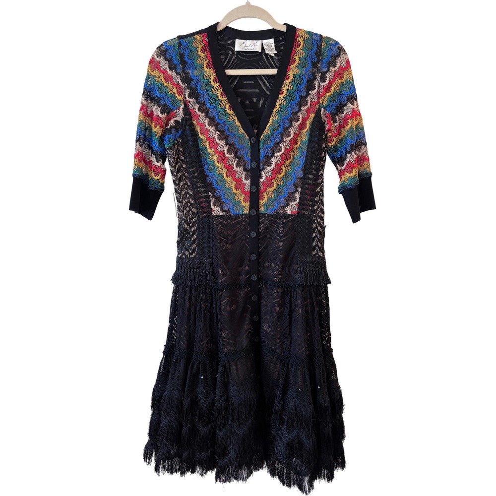 Byron Lars Beauty Mark Multi Color Crochet Black Lace Fringe Dress Size 4
